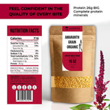 Organic Amaranth Grain 16oz - 26g Protein Ancient Grain (Complete Plant Protein), Gluten-Free, Non-GMO, Vegan - Ideal for Cooking, Porridge, Baking & Popping