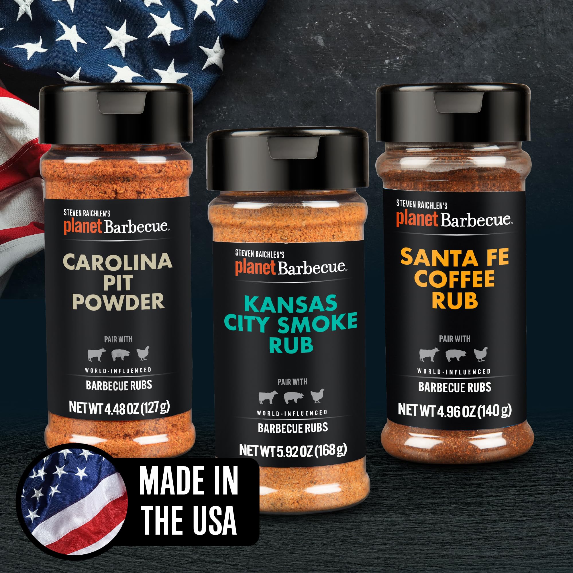 Steven Raichlen's Planet Barbecue Gourmet BBQ Rubs & Spices 3 Pack Gift Box - Grill Seasonings with USA Inspired Flavors - Grilling Gift for Fathers