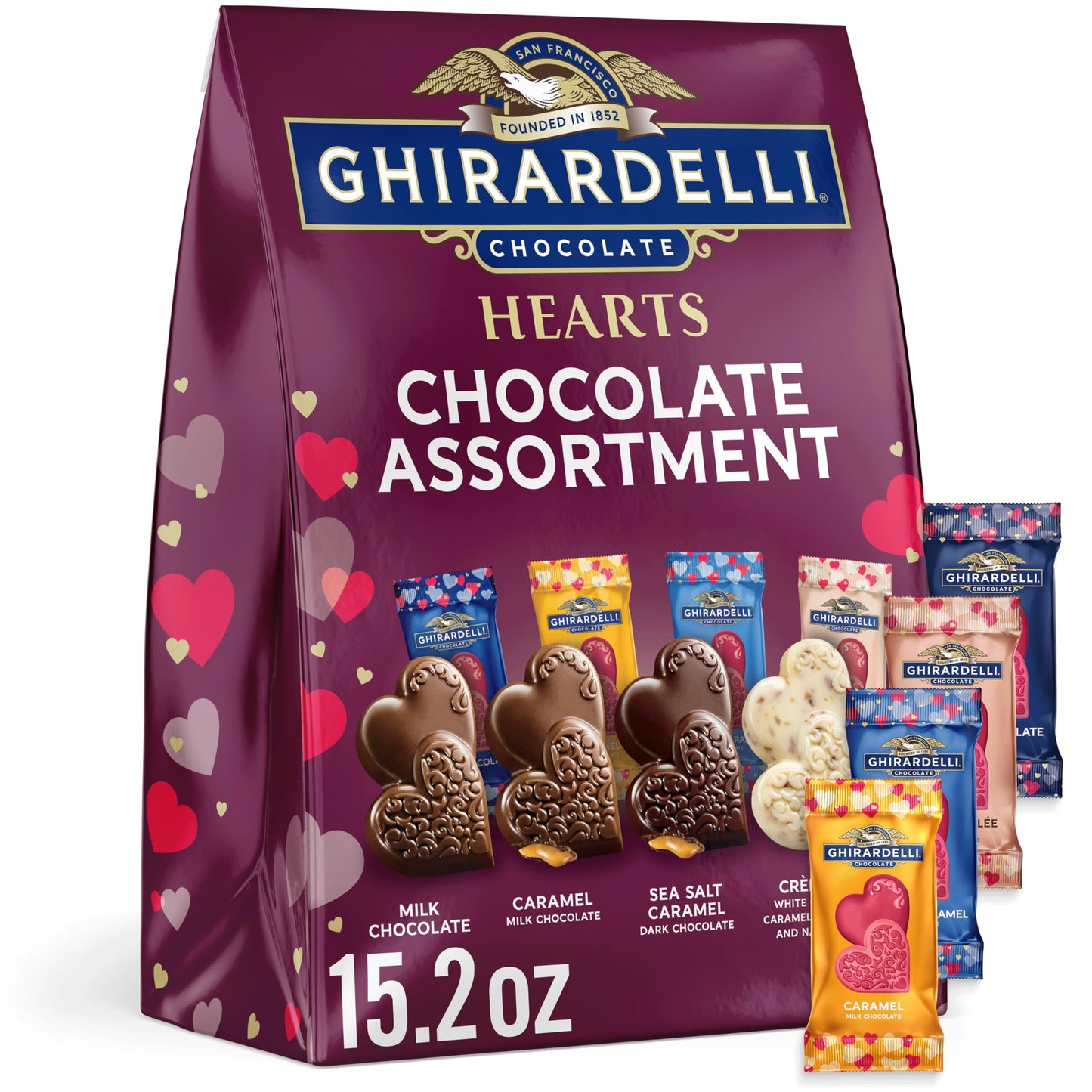GHIRARDELLI Hearts Chocolate Assortment, 15.2 oz Bag Premium Valentine’s Day Candy Individually Wrapped Assorted Chocolate Hearts