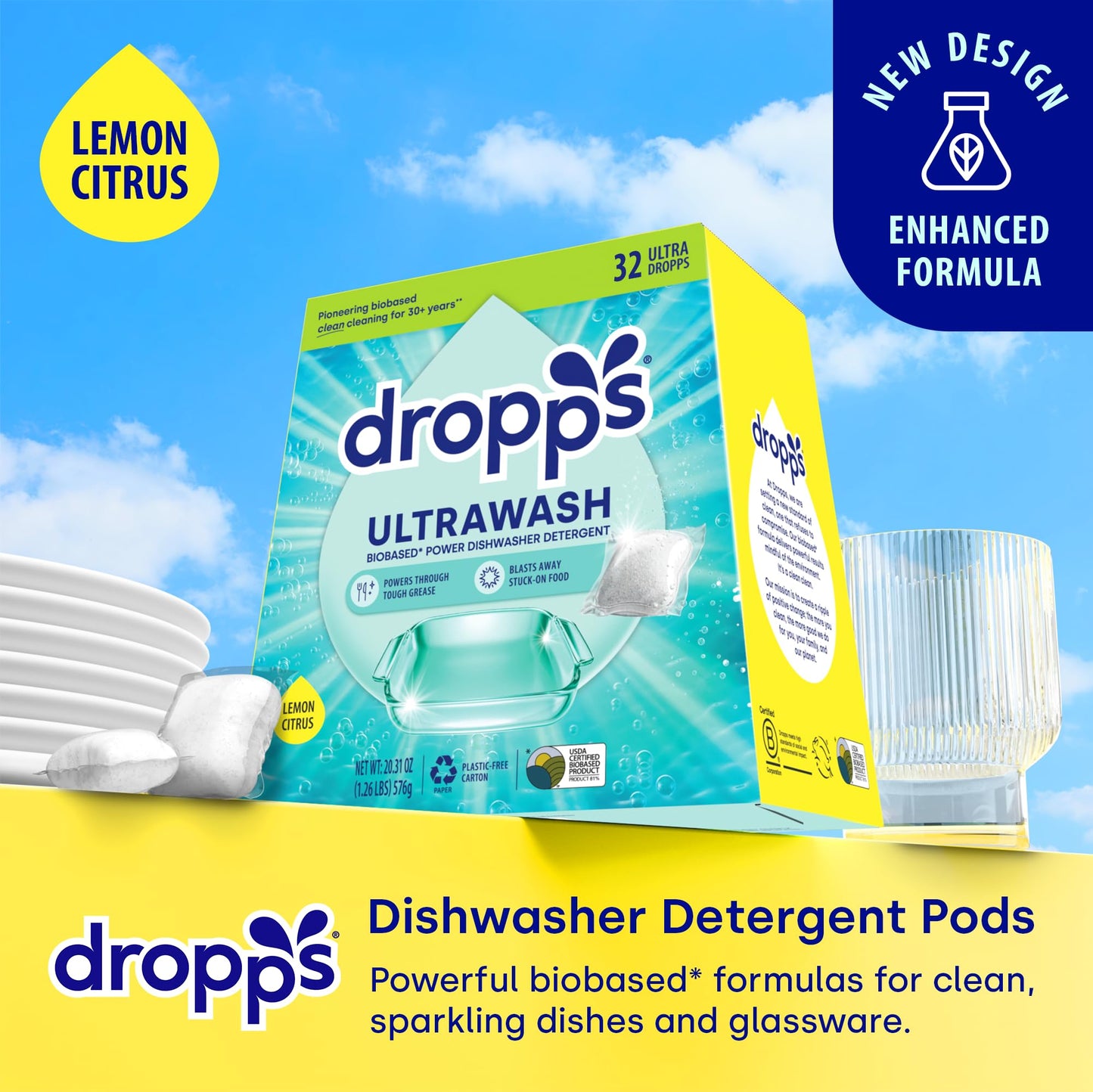 Dropps UltraWash Dishwasher Detergent Pods, Lemon Citrus (32 Ct) - Cuts Grease & Stuck-On Food | Sparkling Dishes & Glasses | Residue-Free | Clean