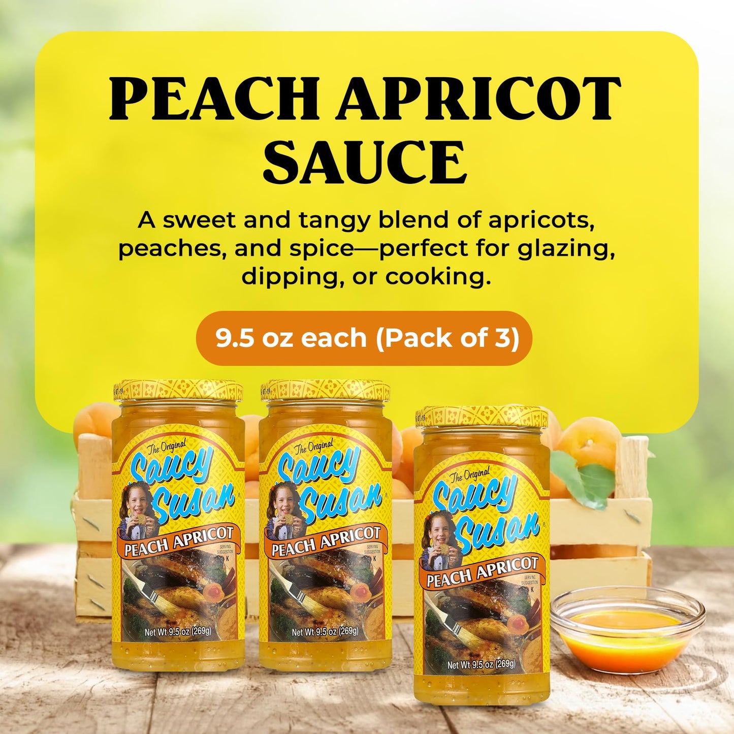 Saucy Susan Peach Apricot ORIGINAL Sauce - 3 Pack (3 × 9.5 oz Jars) - Sweet & tangy blend of apricots, peaches & spices; perfect for glazing, dipping
