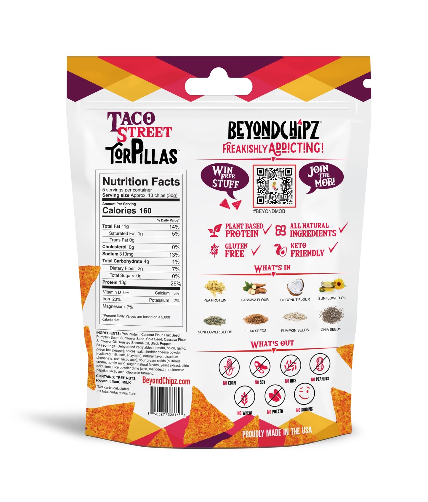 BeyondChipz Low Carb Tortilla Chips, Taco Street, Keto Friendly, Gluten Free, 5.3oz Bag, Pack of 4