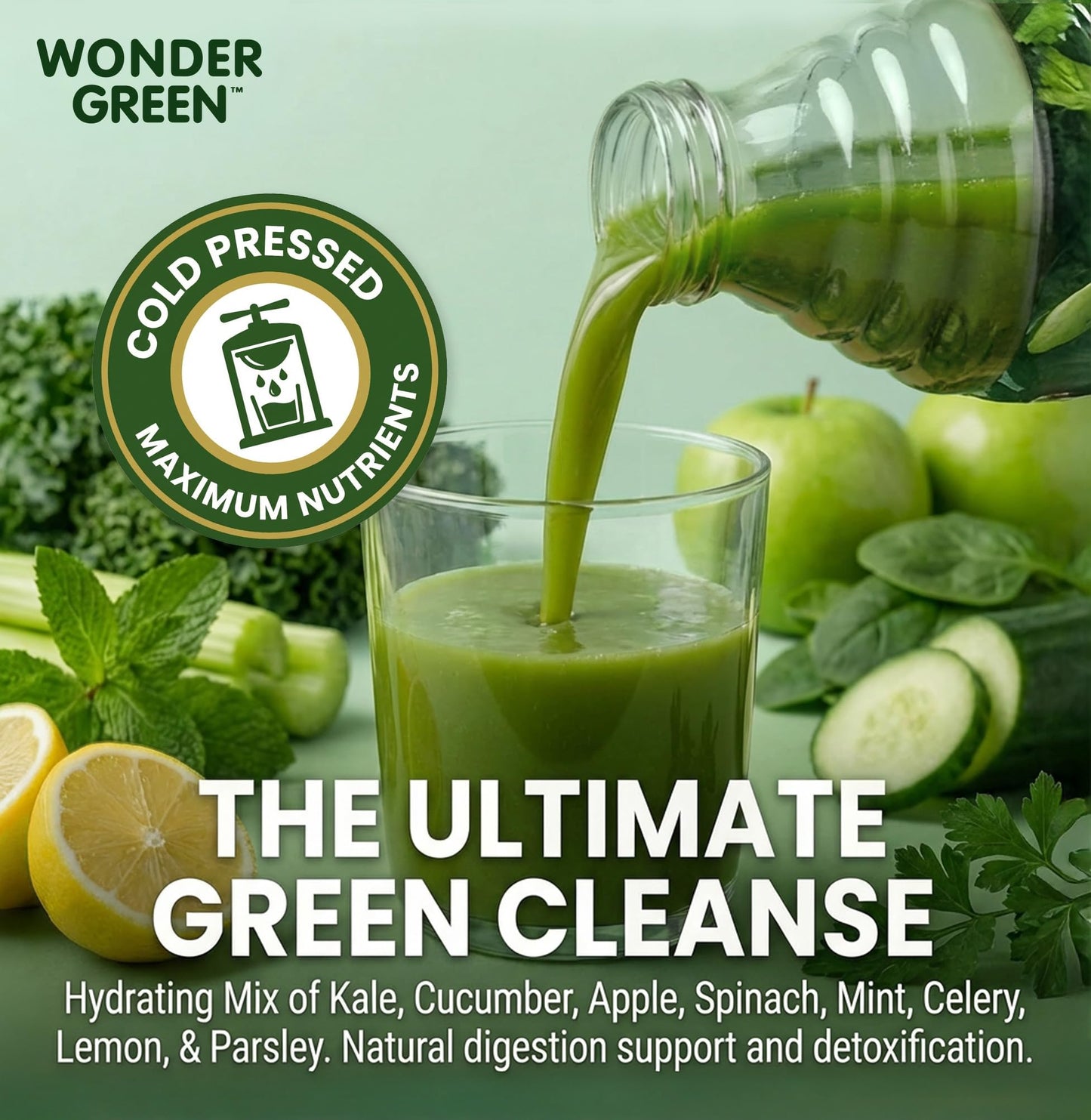 Wonder Green 100% Organic Clean Green Cold Pressed Juice, 8.45 oz (6 Pack) | Kale & Vegetable Juice Blend, All Natural, No Additives or Preservatives