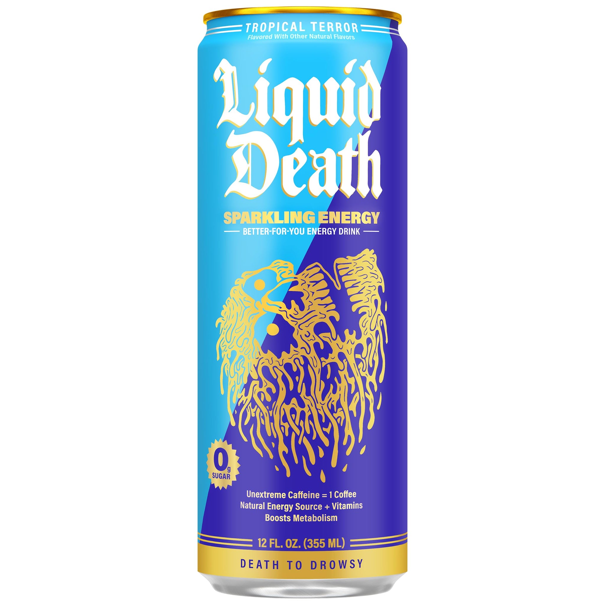 Liquid Death Sparkling Energy - Tropical Terror (Classic Piña Colada), Zero Sugar Energy Drink, Unextreme Caffeine 100mg, Essential Vitamins, 12 Fl Oz