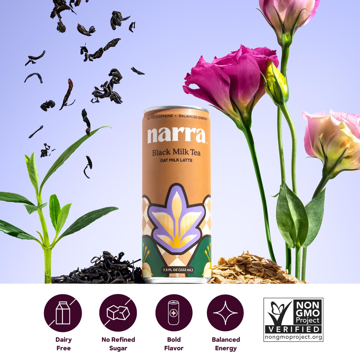Narra Oat Milk Tea Latte Original Variety Pack (12 Pack) - Black Tea, Roasted Oolong & Strawberry Matcha, Smooth Balanced Energy from Tea (50-60mg