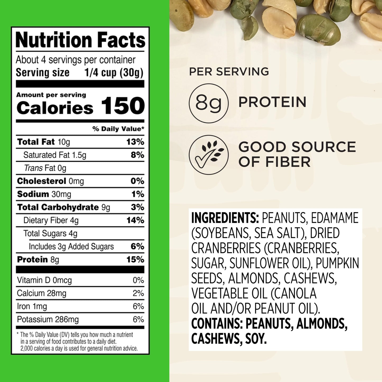 Snak Club Protein Power Snack Mix with Peanuts, Roasted Edamame, Dried Cranberries, Pumpkin Seeds, Almonds, and Cashews, Gluten-Free and Kosher Trail