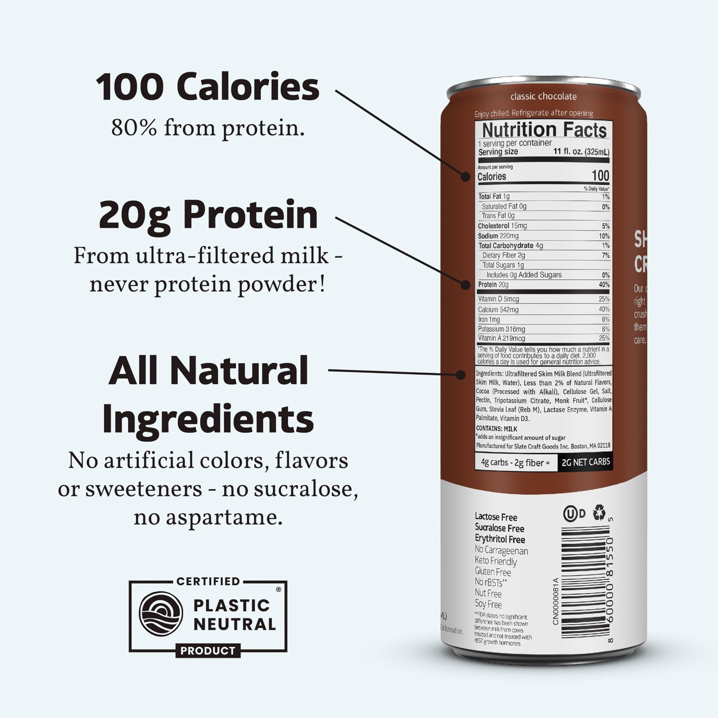 Slate Milk - High Protein Milk Shake - Classic Chocolate - Lactose Free, 20g Protein, 1g Sugar, 100 Calories, 2g Net Carbs, No Added Sugar - Natural
