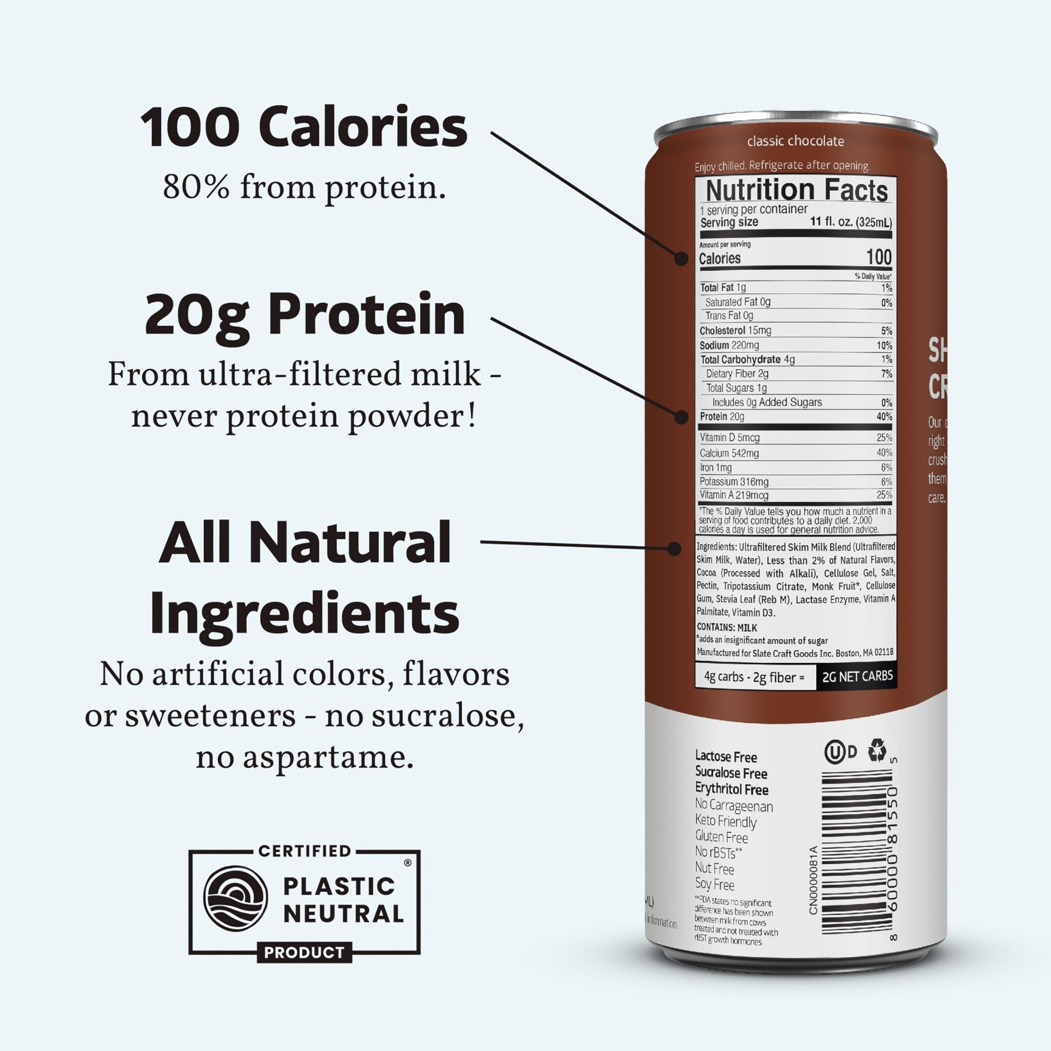 Slate Milk - High Protein Milk Shake - Classic Chocolate - Lactose Free, 20g Protein, 1g Sugar, 100 Calories, 2g Net Carbs, No Added Sugar - Natural