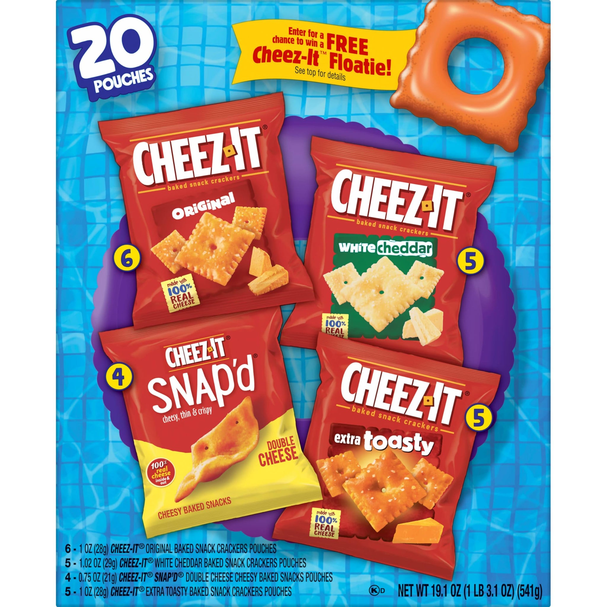 Cheez-It Cheese Crackers, Baked Snack Crackers, Lunch Snacks, Grab n' Go, Variety Pack, 19.1oz Box (20 Packs)