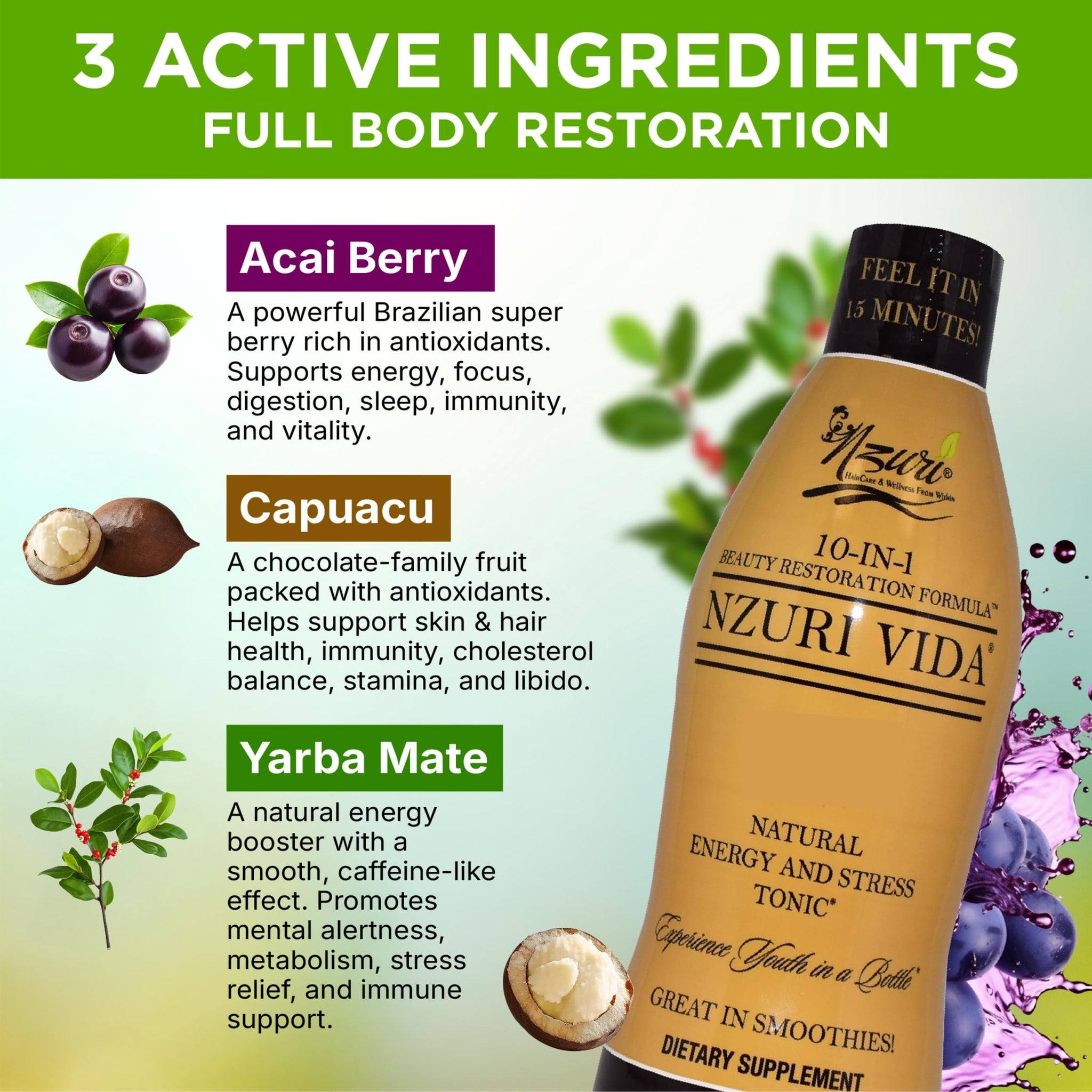 Nzuri Vida All-Natural Energy & Stress Support Tonic 10-in-1 Total Body Restoration Drink with Acai Berry, Cupuacu & Yerba Mate. Smooth Energy, Calm