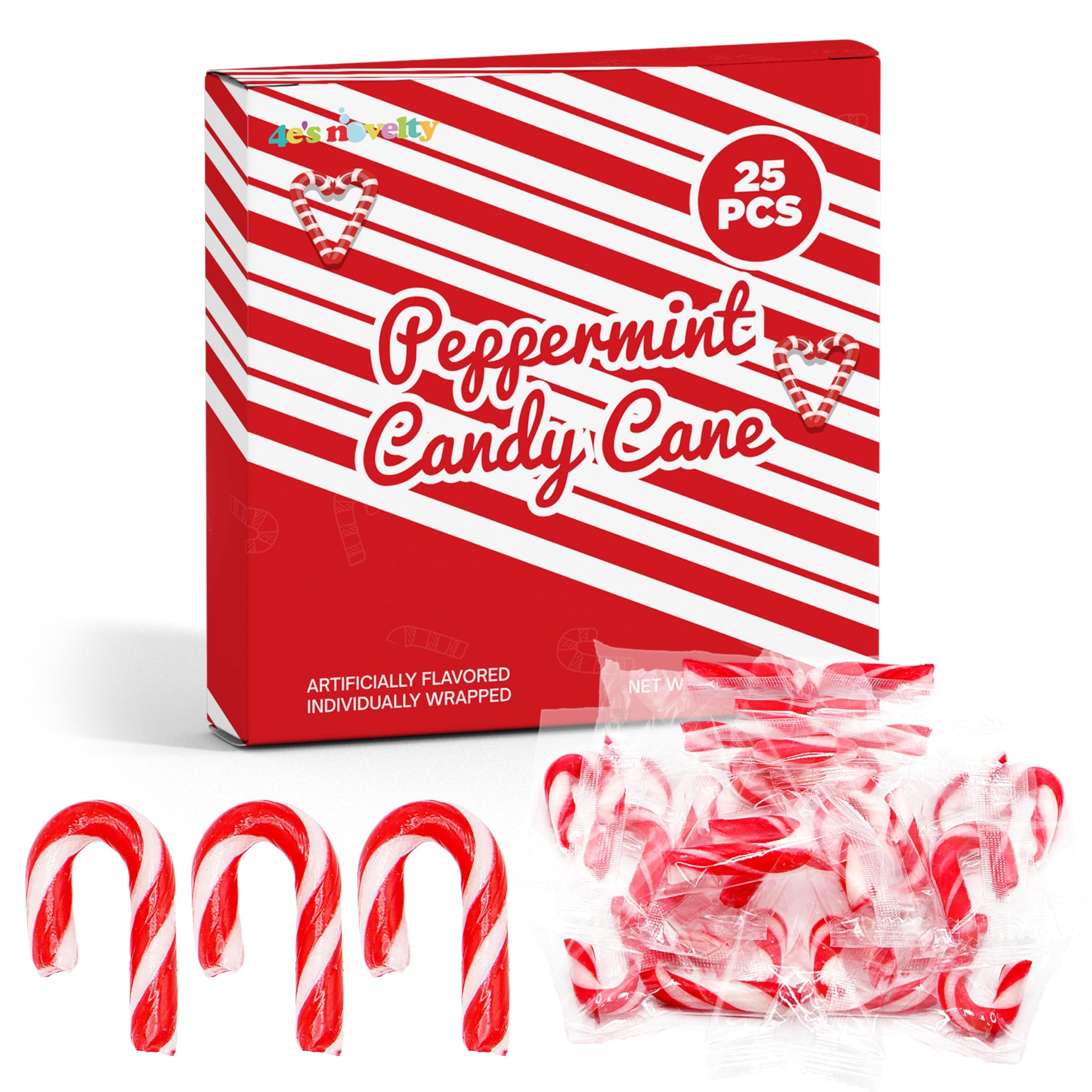 4E's Novelty 25 Pack Mini Candy Canes Bulk - Individually Wrapped, 2-Inch Mini Candy Canes, Classic Peppermint Flavor, for Christmas Treats