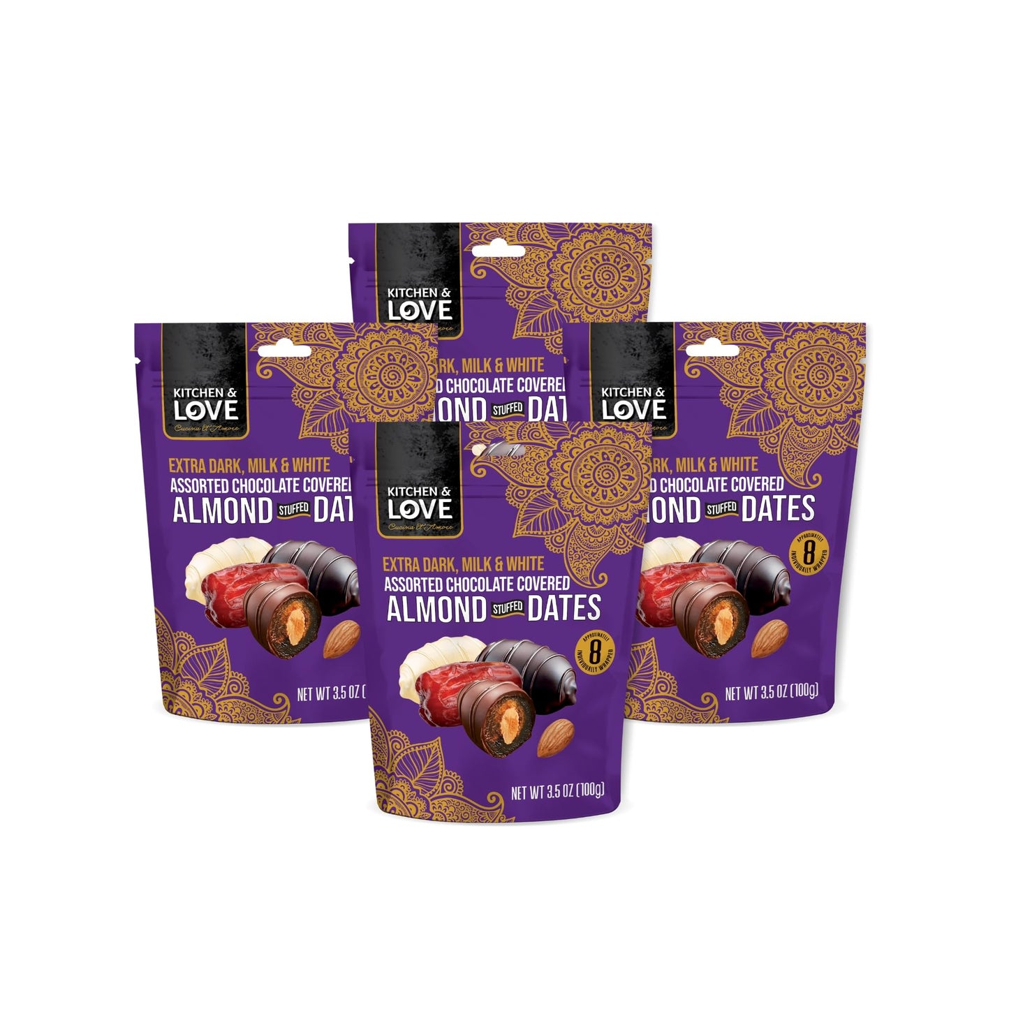 Kitchen & Love Assorted Chocolate Covered Almond Stuffed Dates in a Convenient Resealable Pouch, 8 Individually Wrapped Pieces, Healthy Snack, 3.5 oz