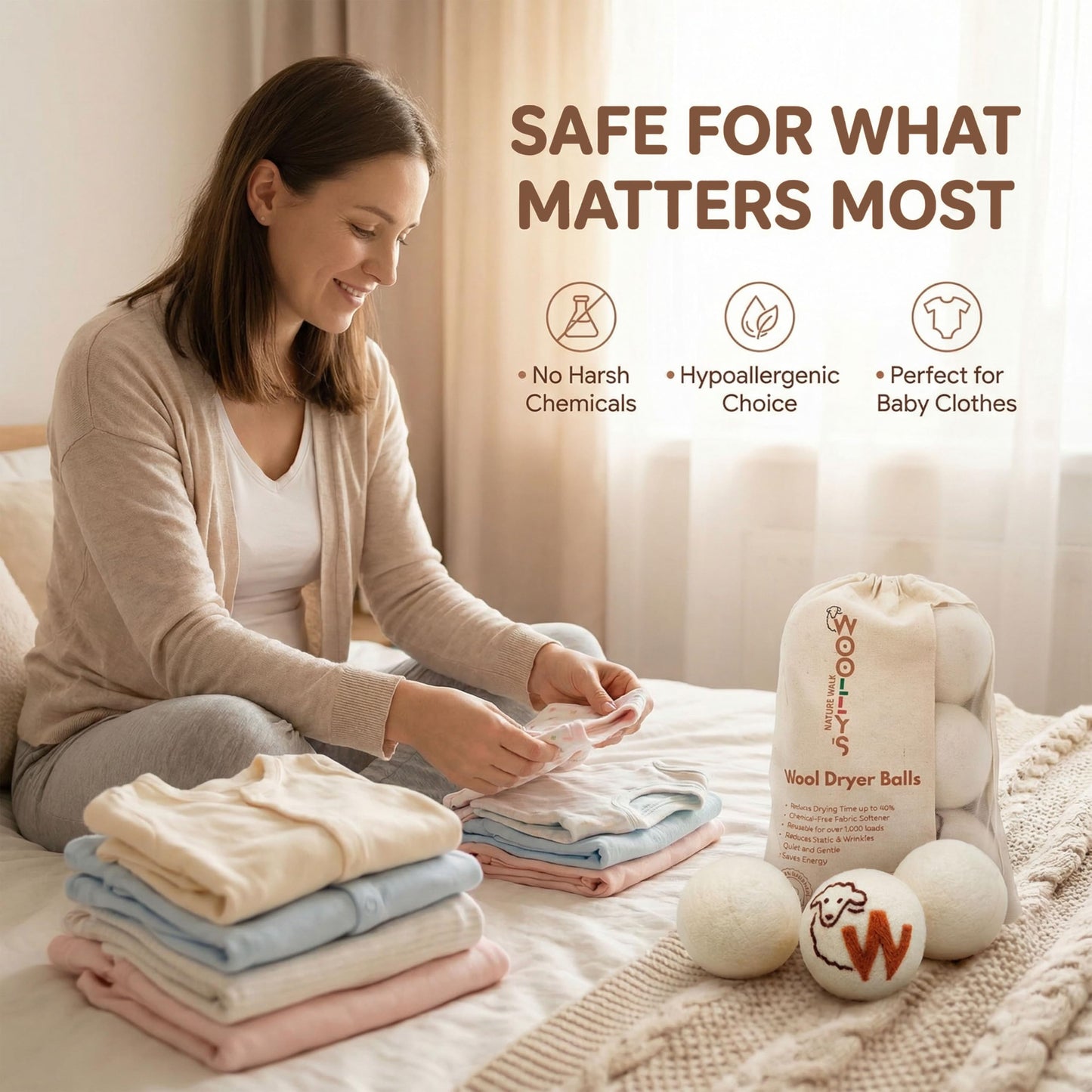 Woolly's Wool Dryer Balls - 100% Pure New Zealand Wool, Reusable Natural Fabric Softener, Reduces Drying Time & Clothes Wrinkles, Chemical-Free Dryer