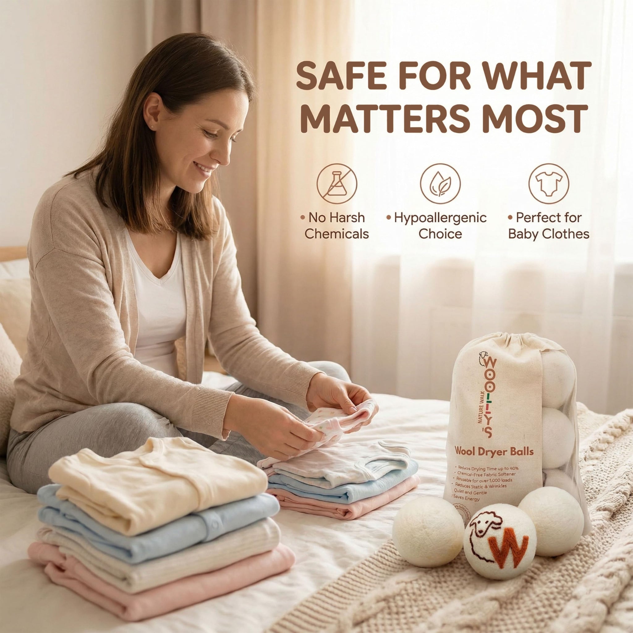 Woolly's Wool Dryer Balls - 100% Pure New Zealand Wool, Reusable Natural Fabric Softener, Reduces Drying Time & Clothes Wrinkles, Chemical-Free Dryer