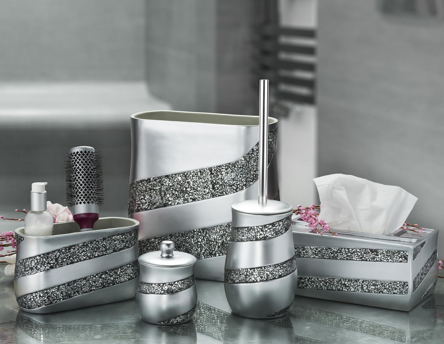 Creative Scents Silver Mosaic Toilet Brush and Holder Set - Toilet Bowl Brush and Holder, Sturdy Toilet Cleaner Brush with Stainless Steel Handle