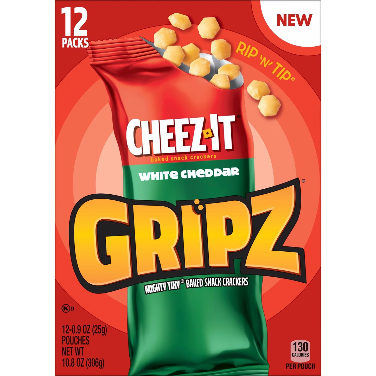 Gripz Mini Cheese Crackers, Kids Snacks, Baked Snack Crackers, Cheez-It White Cheddar, 10.8oz Box (12 Pouches)