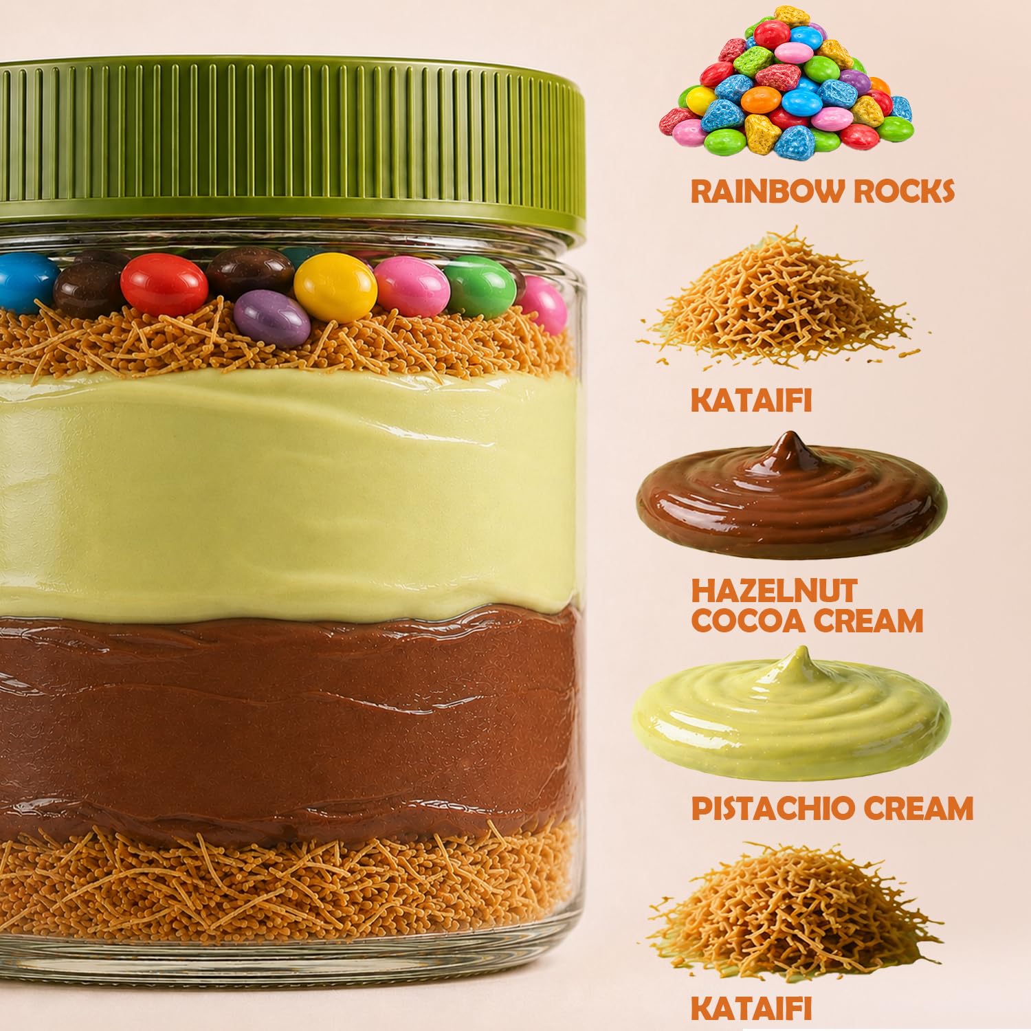 Ceres Gourmet Dubai Chocolate Spread with Candy Coated Chocolate Rocks and Pebbles - Premium Crunchy Snacks with Crispy Kataifi and Smooth Pistachio