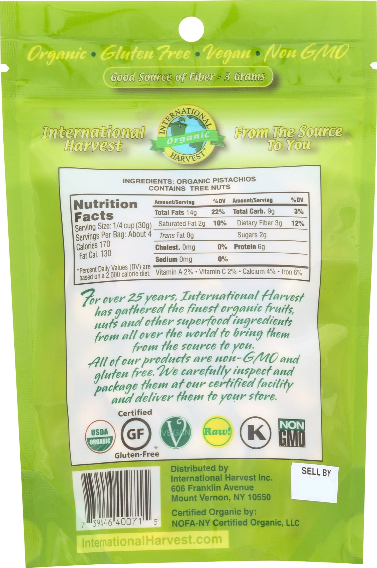 International Harvest Organic Pistachios Raw In Shell, 4 OZ