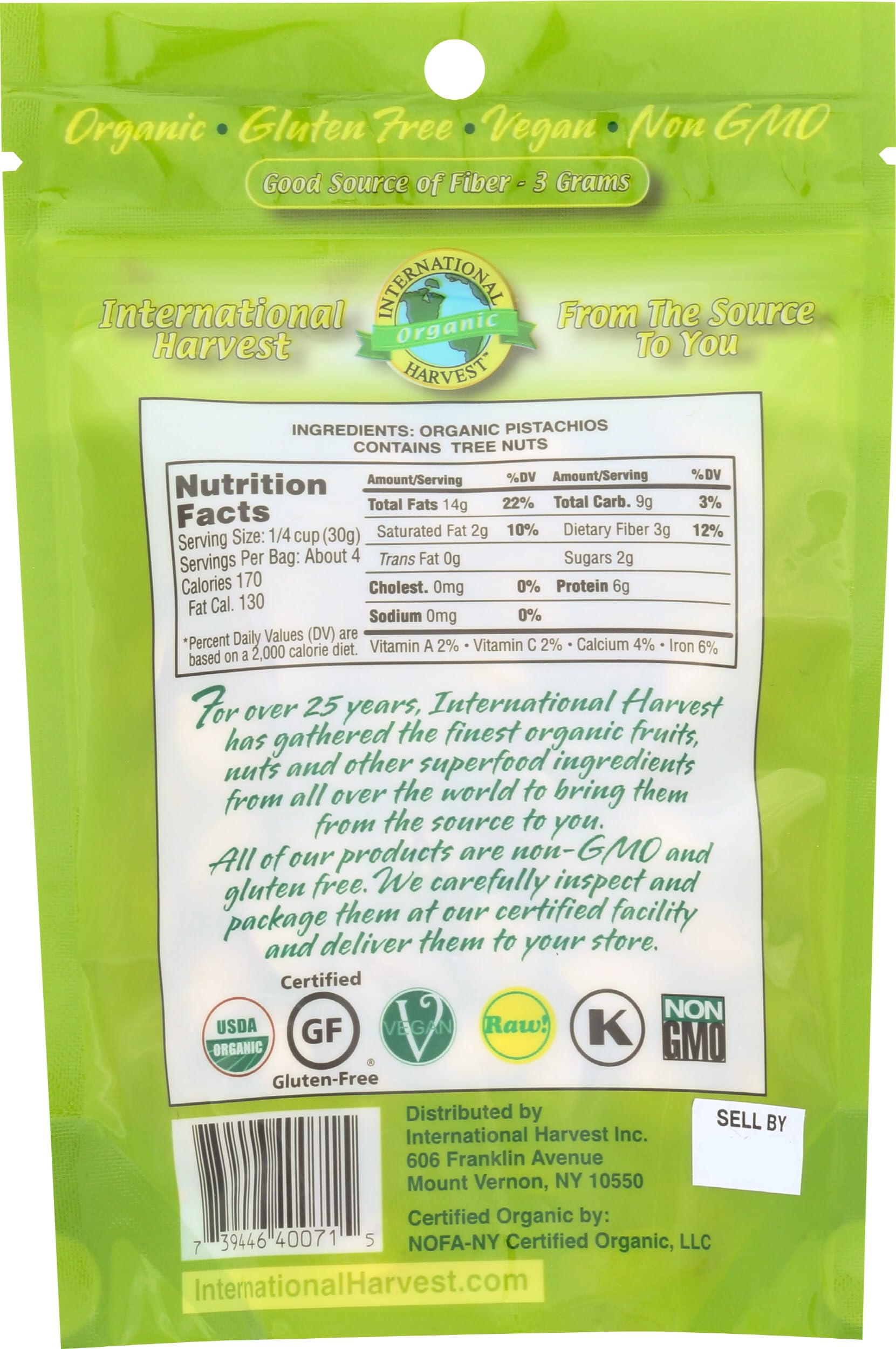 International Harvest Organic Pistachios Raw In Shell, 4 OZ