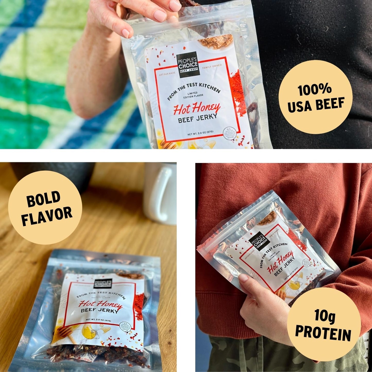 People’s Choice Beef Jerky - Test Kitchen - Hot Honey - Sweet & Spicy - 10g Protein - Made in USA - 1 Pound (16 oz) Bag
