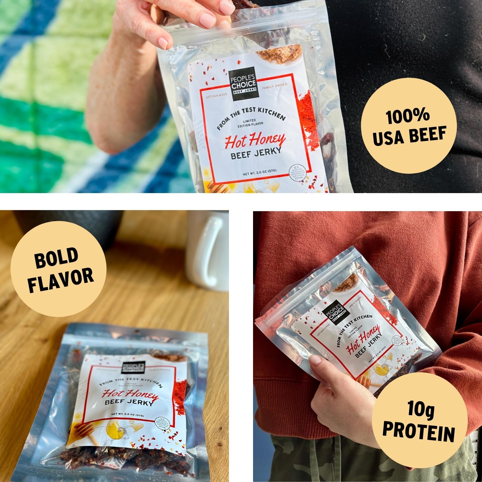 People’s Choice Beef Jerky - Test Kitchen - Hot Honey - Sweet & Spicy - 10g Protein - Made in USA - 1 Pound (16 oz) Bag