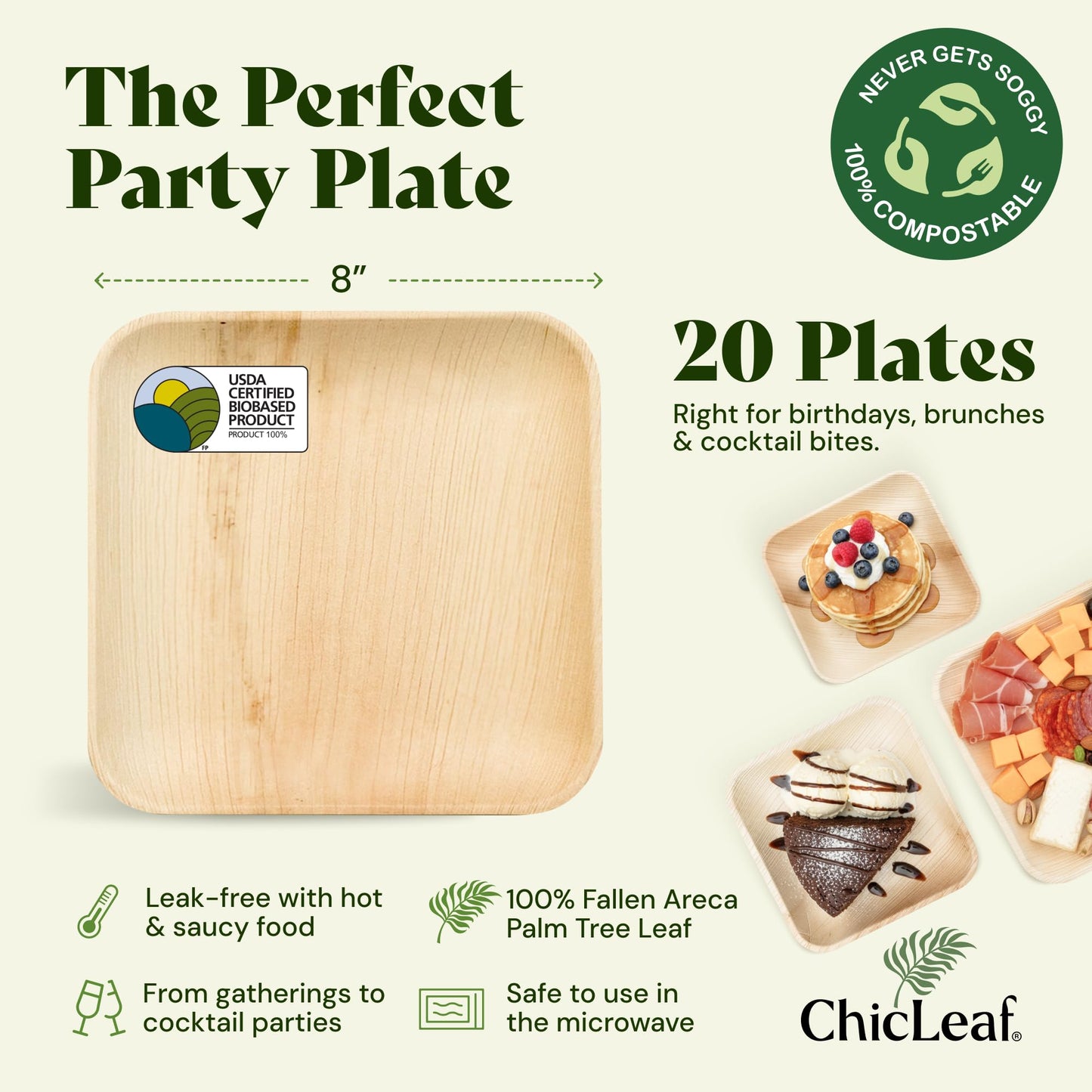 Chic Leaf Palm Leaf Plates 8 Inch - Square Disposable Bamboo-Style Dinnerware, Heavy Duty & Compostable Areca Leaf Serving Dishes for Appetizers