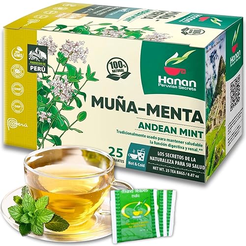 Hanan Muña Tea Bags - 100% Natural Andean Mint Herbal Tea from Peru, 25 Bags of Traditional Té de Muña del Perú, Caffeine-Free for Digestion, Fresh