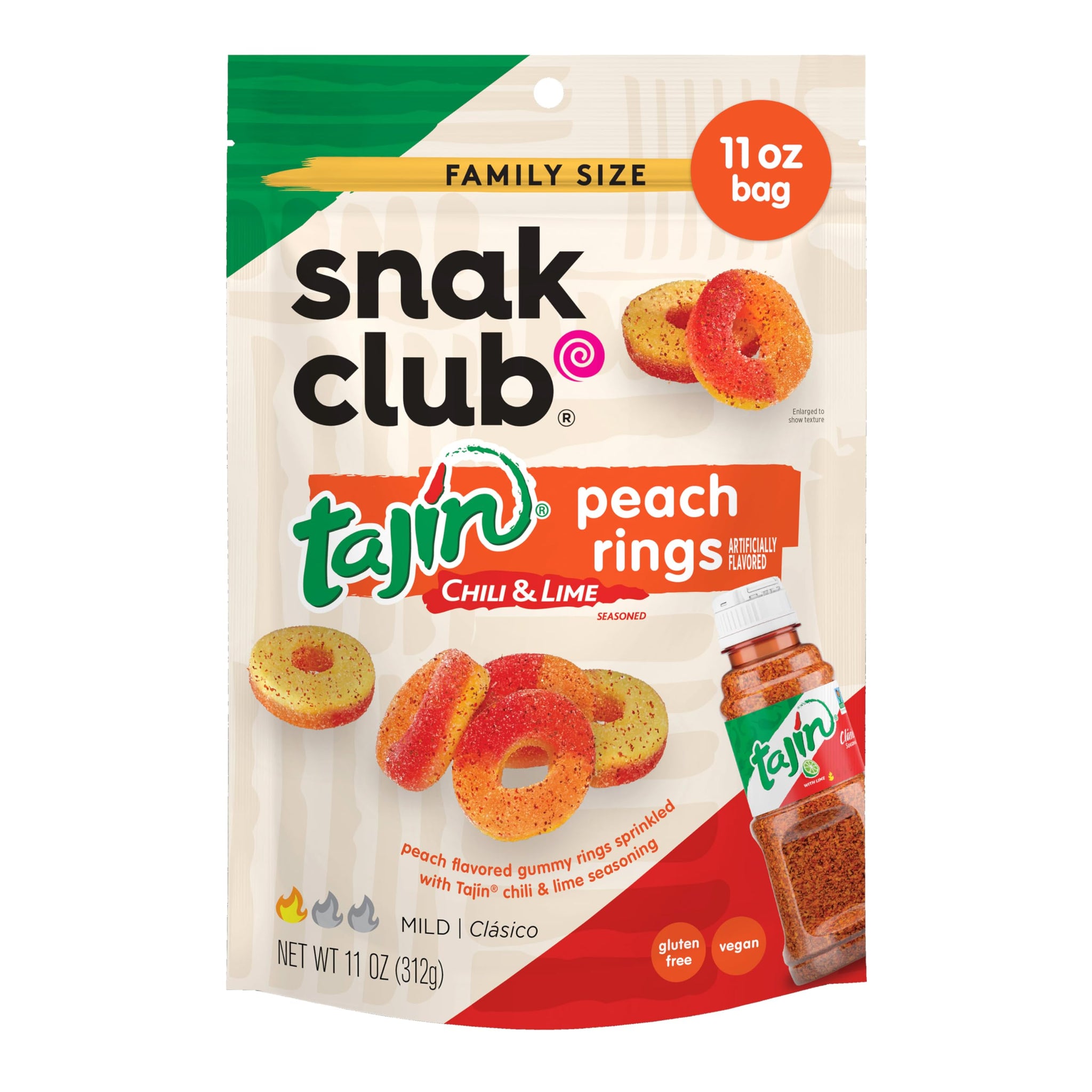 Snak Club Peach Rings, Tajin Chili & Lime Seasoned, Sweet and Spicy Gummy Candy, Mild in Heat Bold in Flavor, Low-Fat, Vegan, Gluten-Free Snack