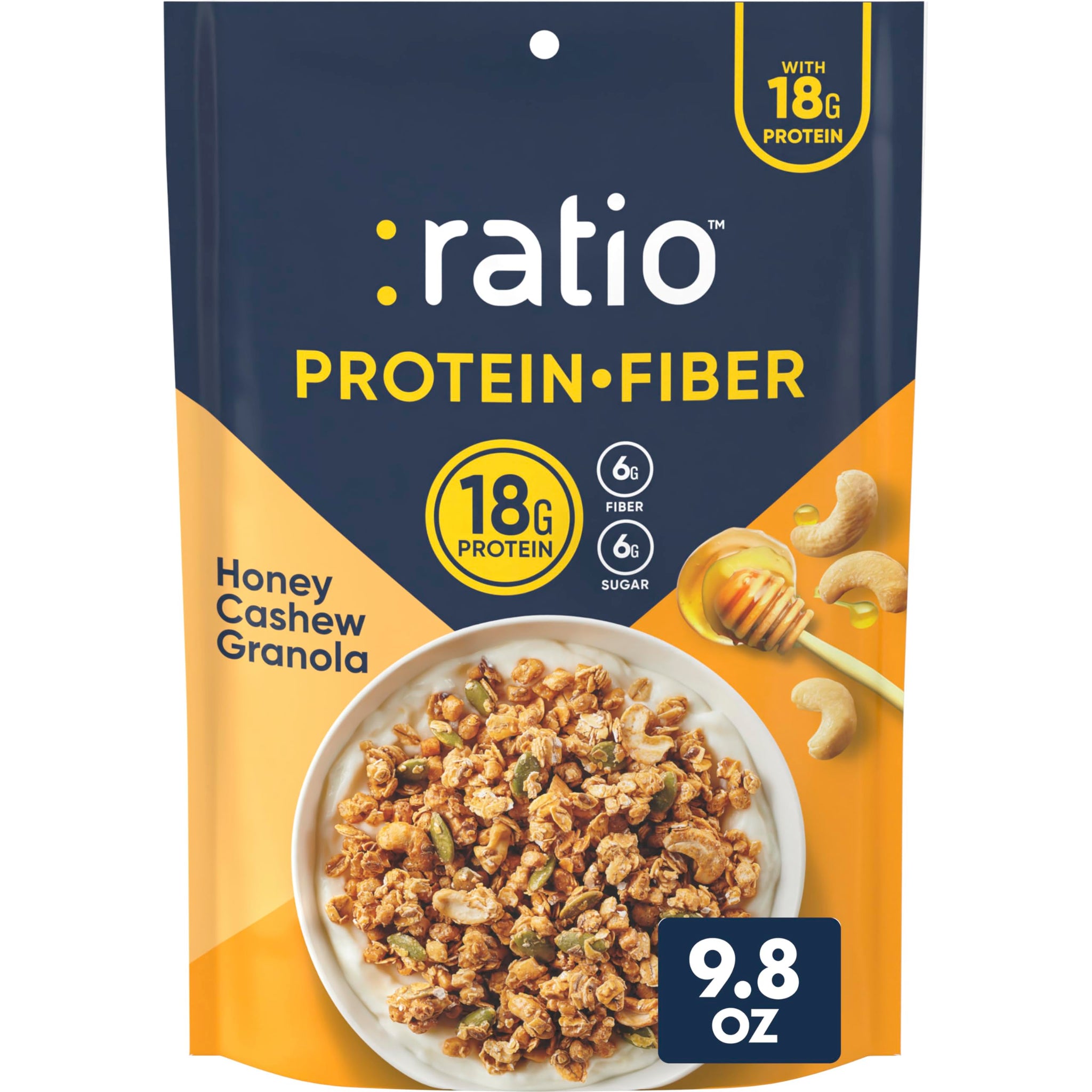 Ratio Protein Fiber Honey Cashew Granola Cereal, 18g Protein, 9.8 oz