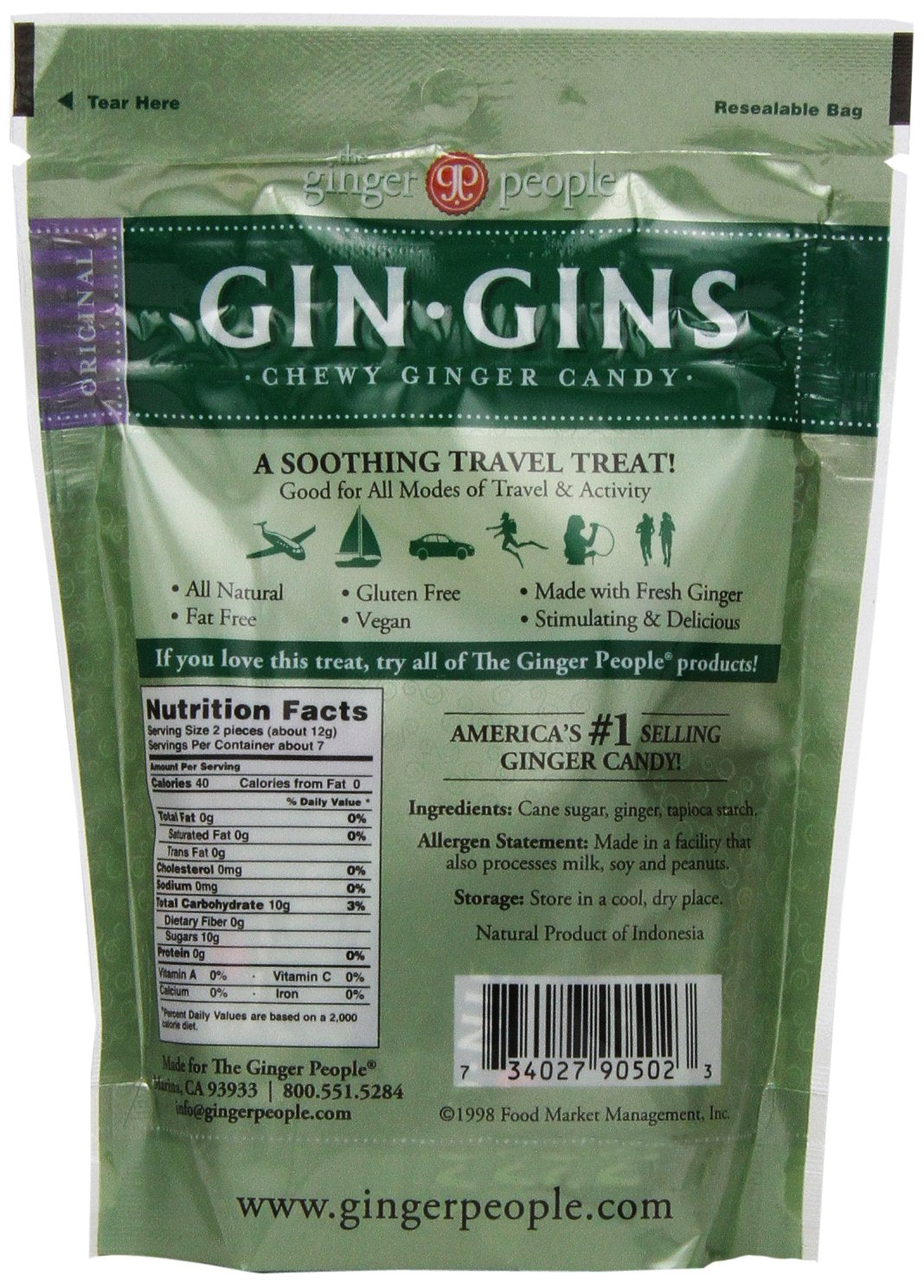 GIN GINS Original Ginger Chews by The Ginger People - Individually Wrapped Healthy Candy - 3 oz Bag - Pack of 24