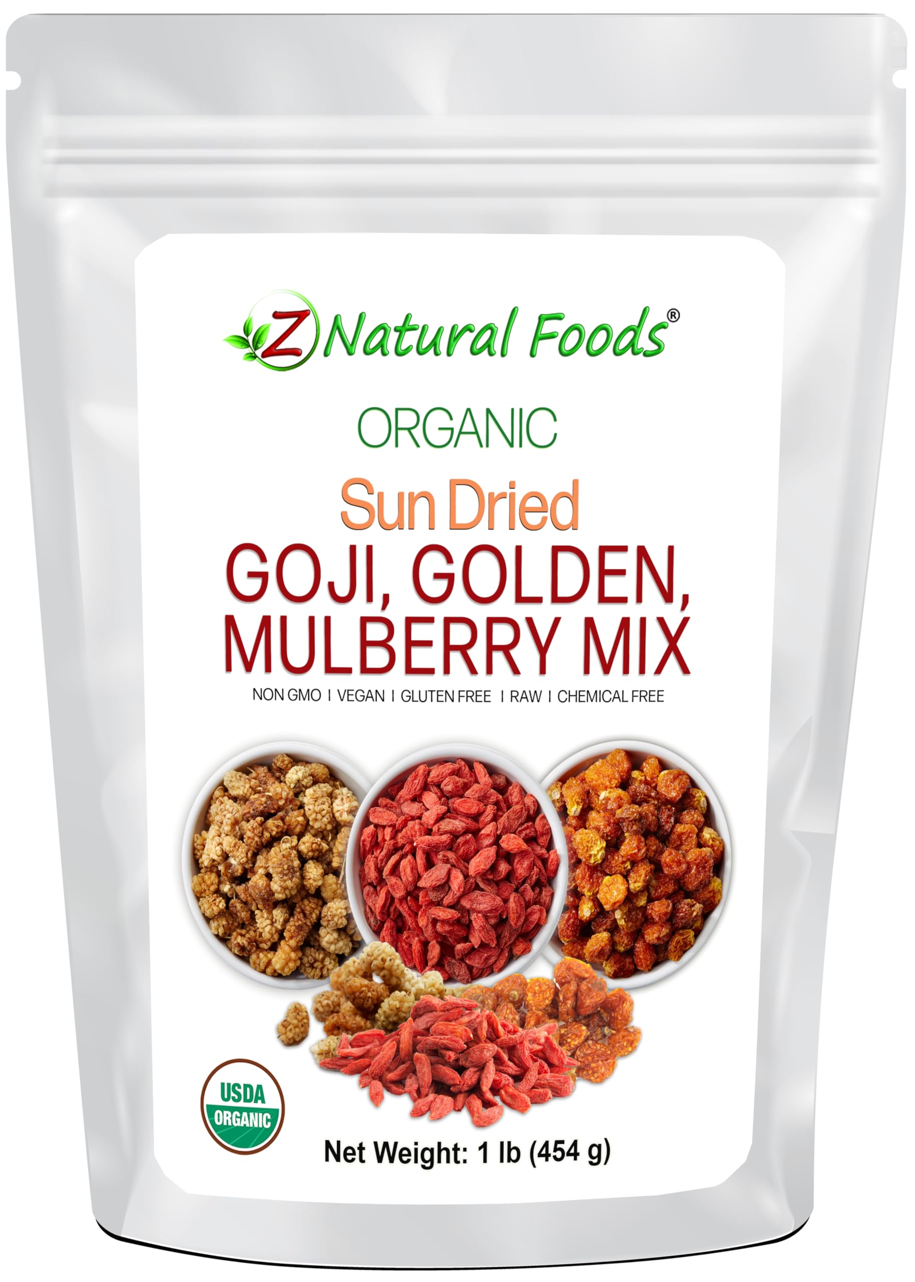 Sun Dried Organic 3 Berry Mix - Goji Berries, Golden Berry White Mulberry - Unsweetened No Sugar Added - Three Delicious Exotic Superfoods For Snacks