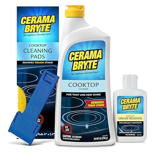 Cerama Bryte Best Value Kit: Ceramic Cooktop Cleaner 28oz, Scraper, 10 Pads, Burnt-on Grease Remover 2oz, 4 Piece Set