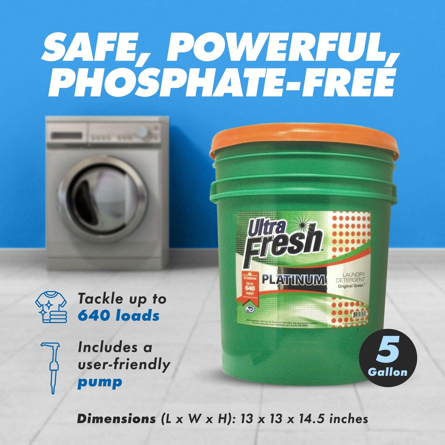 Ultra Fresh 3X Platinum 5 Gallon Laundry Detergent Liquid for All Machine Types with Easy Dispensing Pump, Up to 640 Loads, Original Green (2 Pack)