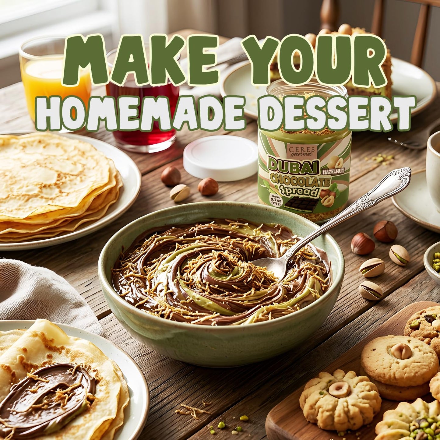 Ceres Gourmet Dubai Chocolate Crunchy Spread with Roasted Hazelnut Pieces, Spoonful Chocolate Snack with Crispy Kataifi and Smooth Pistachio Cream