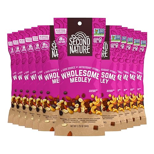 Second Nature Wholesome Medley Trail Mix - 12 Count, 2.25 oz Individual Snack Packs, Certified Gluten-Free - Dark Chocolate, Dried Fruit and Nut Trail