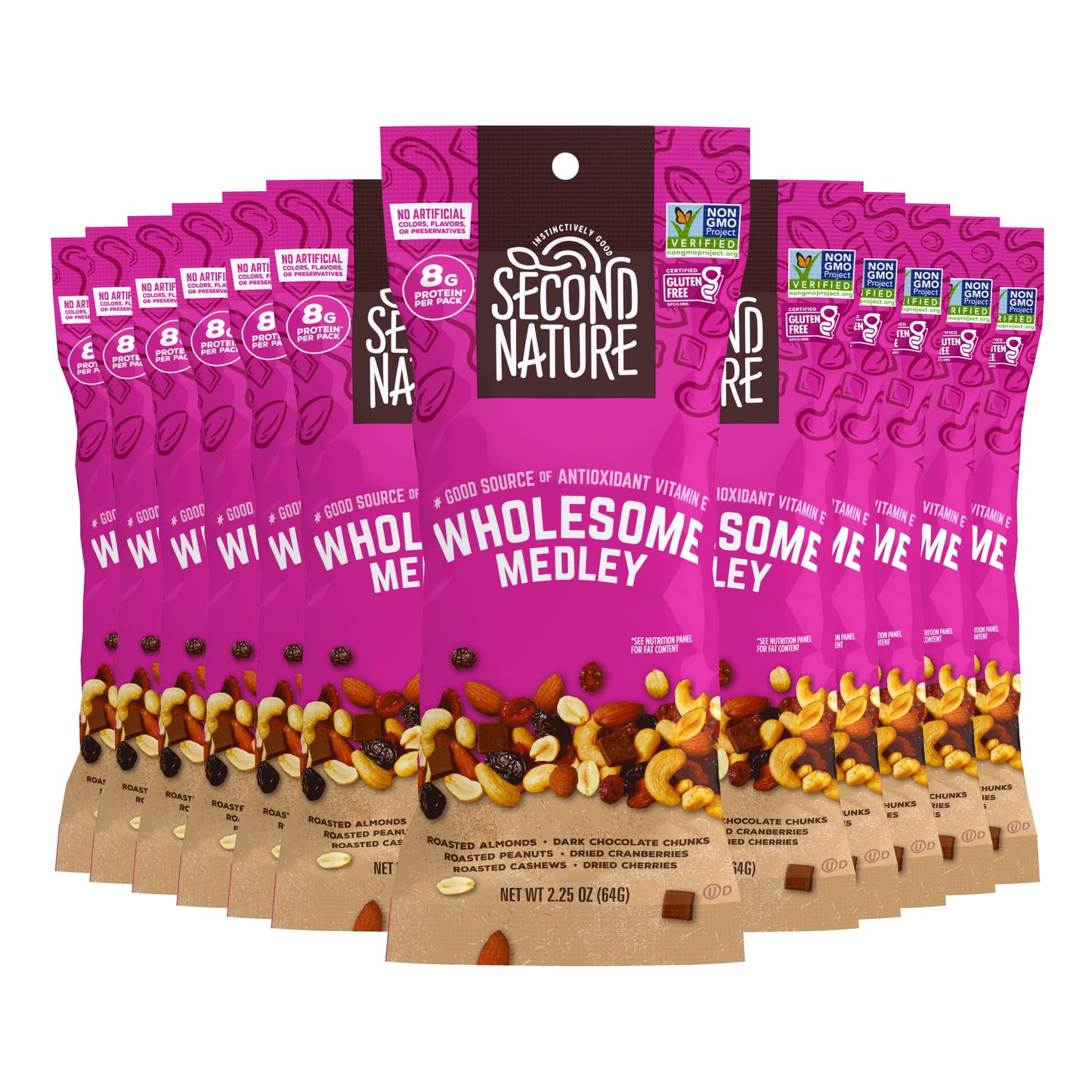 Second Nature Wholesome Medley Trail Mix - 12 Count, 2.25 oz Individual Snack Packs, Certified Gluten-Free - Dark Chocolate, Dried Fruit and Nut Trail