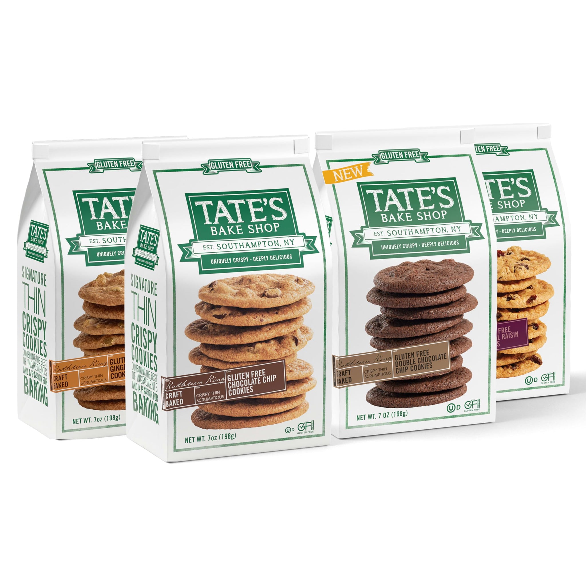 Tate's Bake Shop Gluten Free Cookies Variety Pack, Oatmeal Raisin, Ginger Zinger, Double Chocolate Chip, and Chocolate Chip Cookies, 4-7 oz Bags