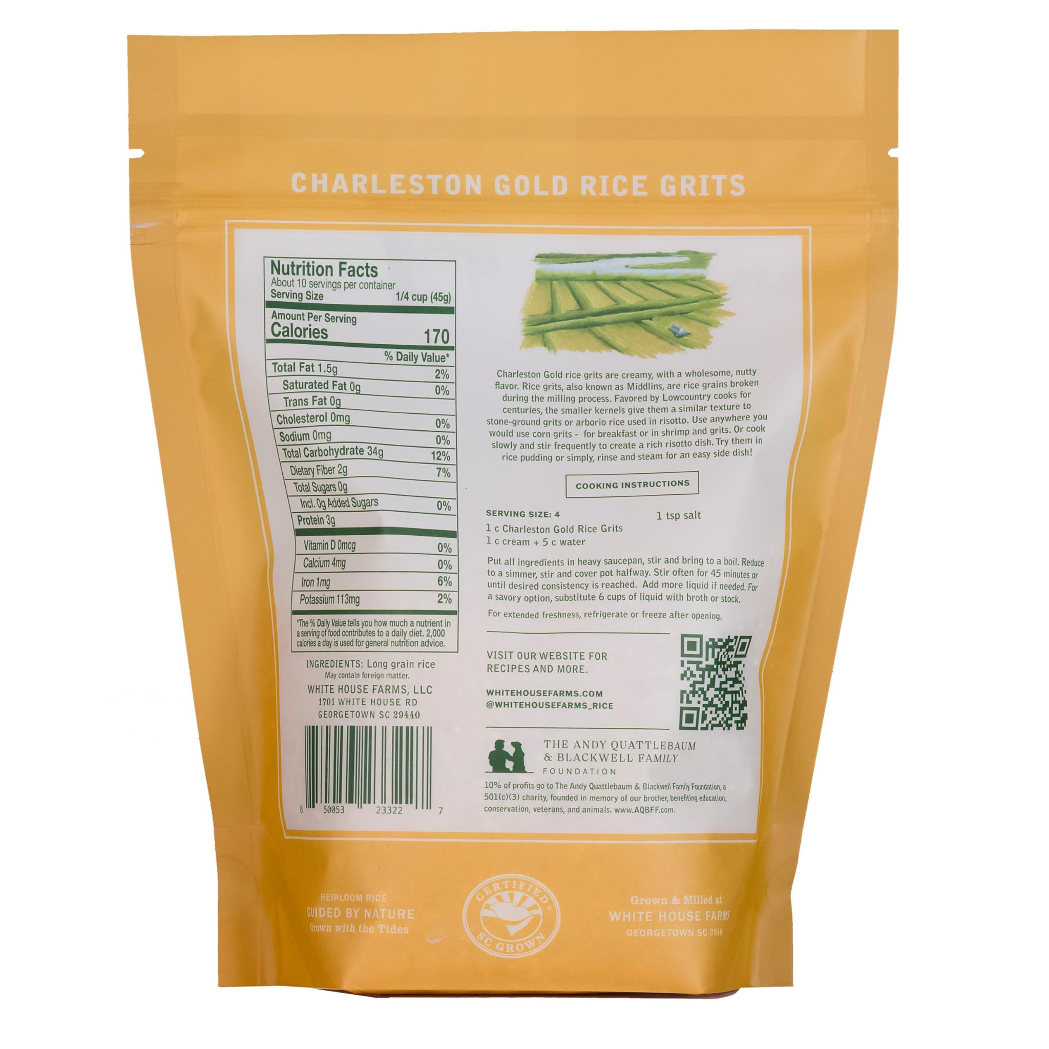 White House Farms Grits | Charleston Gold Rice Grits | Gluten Free & Non GMO | Sugar Free & Aromatic | Harvested in The USA | 1 Pack | 16oz