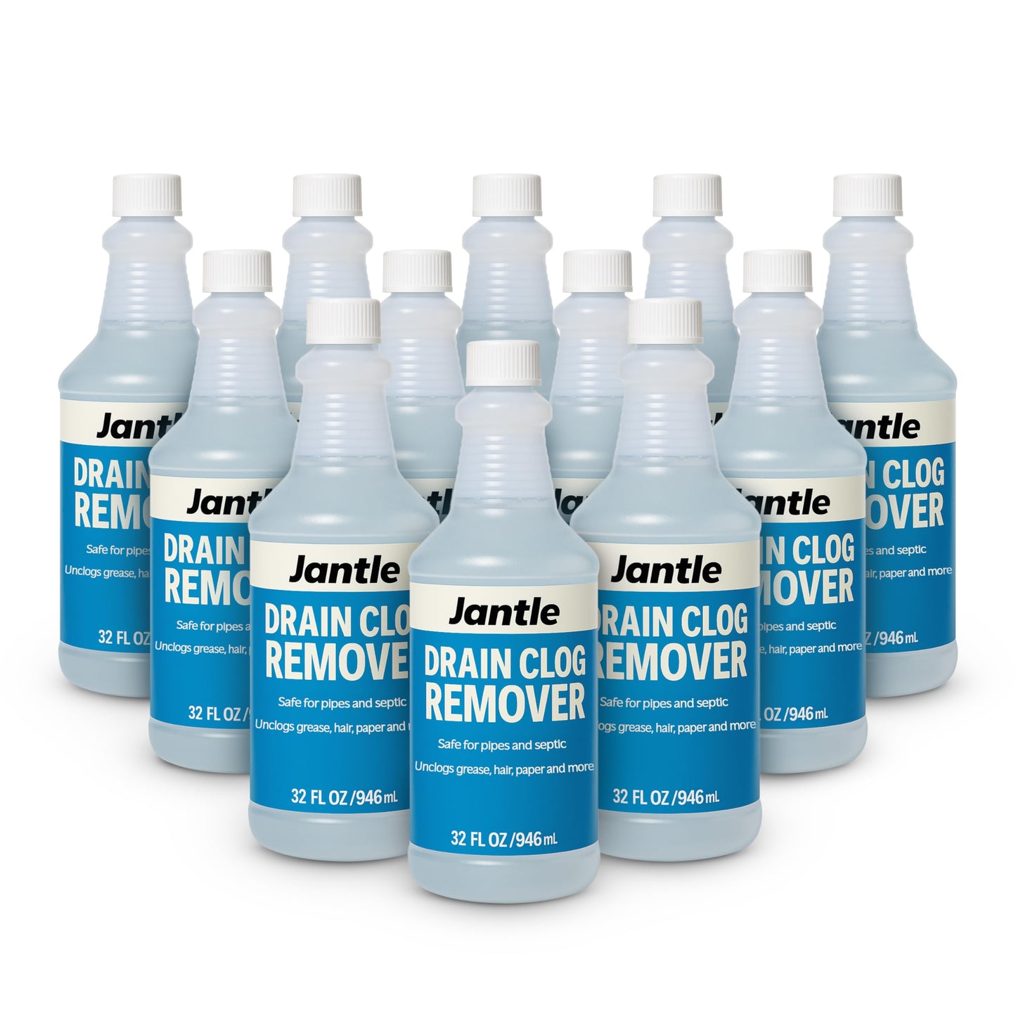 Drain Clog Remover - 12 Pack, 32 oz Bottles Powerful Drain Cleaner Liquid for Shower, Sink, and Toilet - Dissolves Hair, Grease, Paper, Fat, Oil