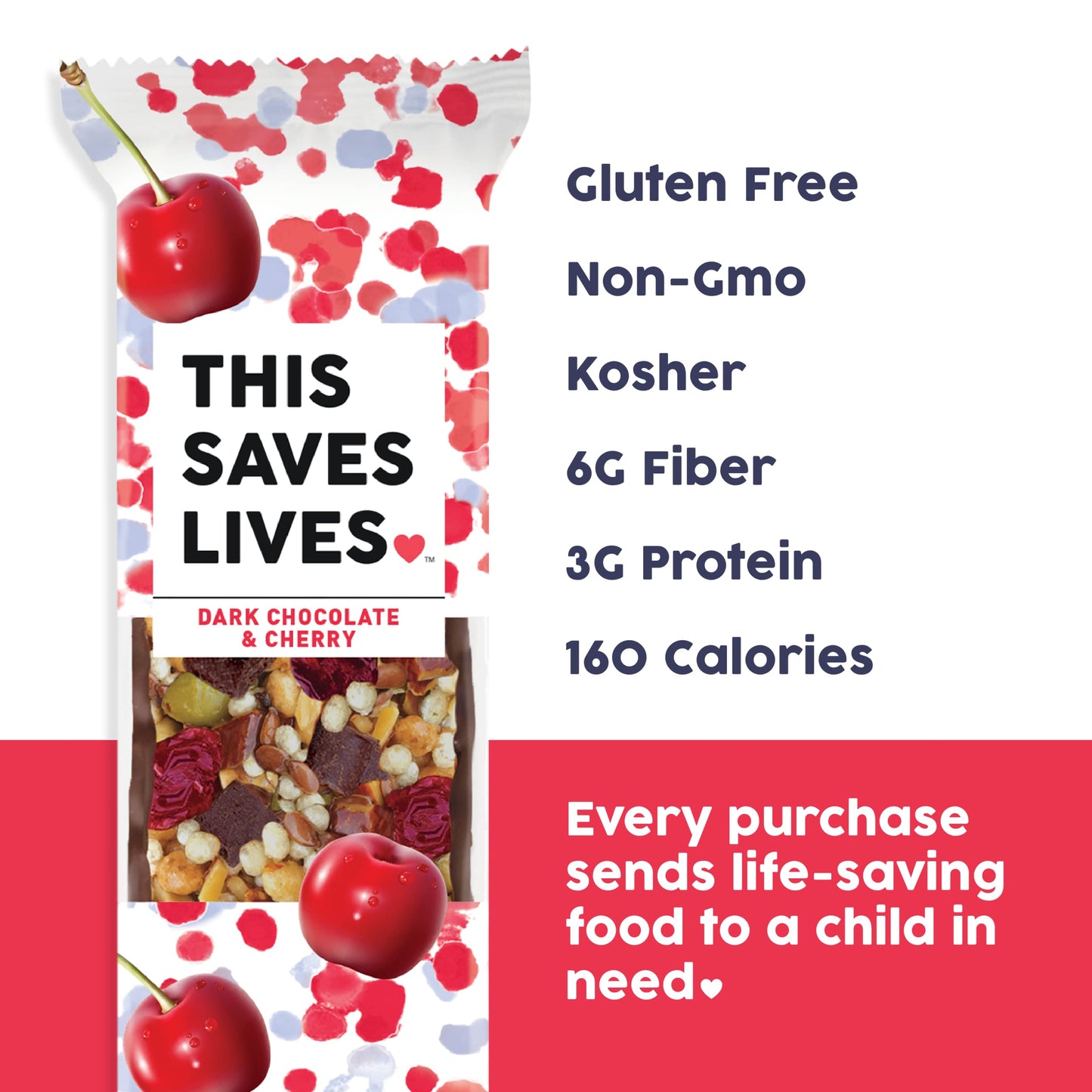 This Saves Lives Gluten-Free Snack Bars, Helping to End Child Hunger, Individually Wrapped Healthy Snack Bars, Non-GMO, Dark Chocolate Cherry, 1.4oz