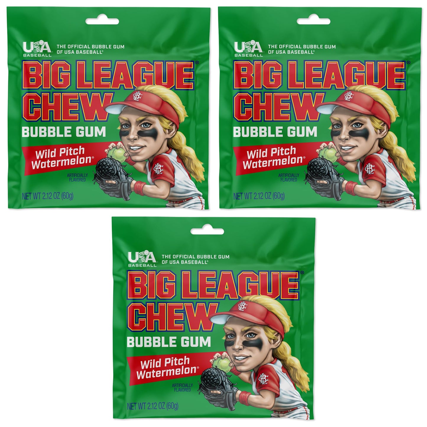 Big League Chew Watermelon Bubble Gum 3-Pack - 2.12oz Packets - Watermelon Baseball Gum - Big League Chew Baseball Candy Set for Treats, Party Favors
