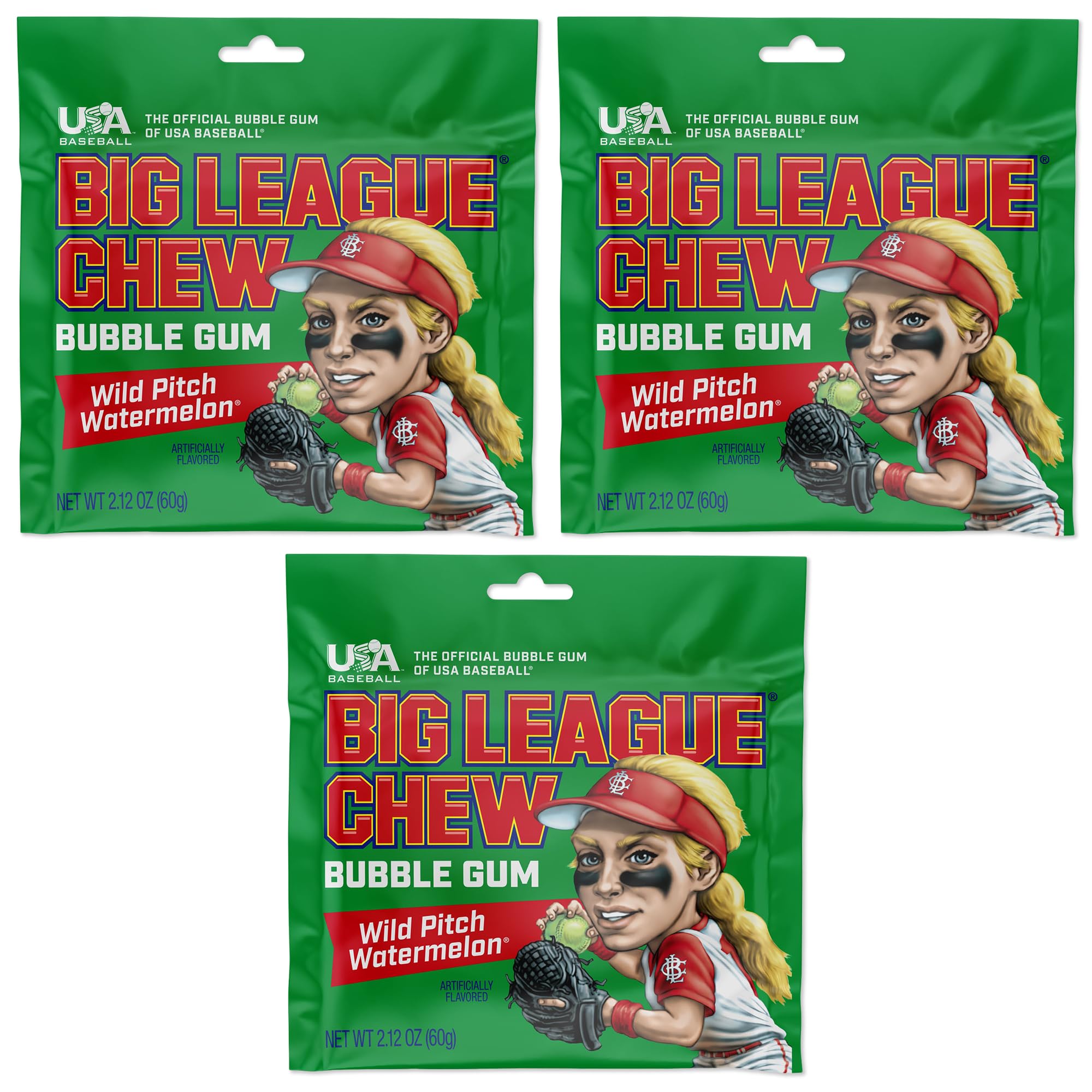 Big League Chew Watermelon Bubble Gum 3-Pack - 2.12oz Packets - Watermelon Baseball Gum - Big League Chew Baseball Candy Set for Treats, Party Favors