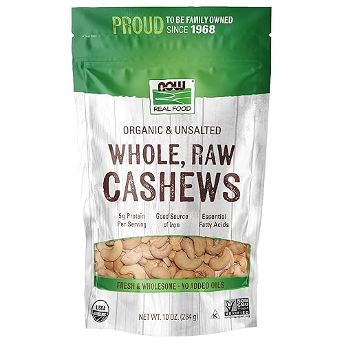 NOW Foods, Certified Organic Cashews, Whole, Raw and Unsalted, Rich Buttery Flavor, Source of Fiber, Protein and Iron, Certified Non-GMO, 10-Ounce