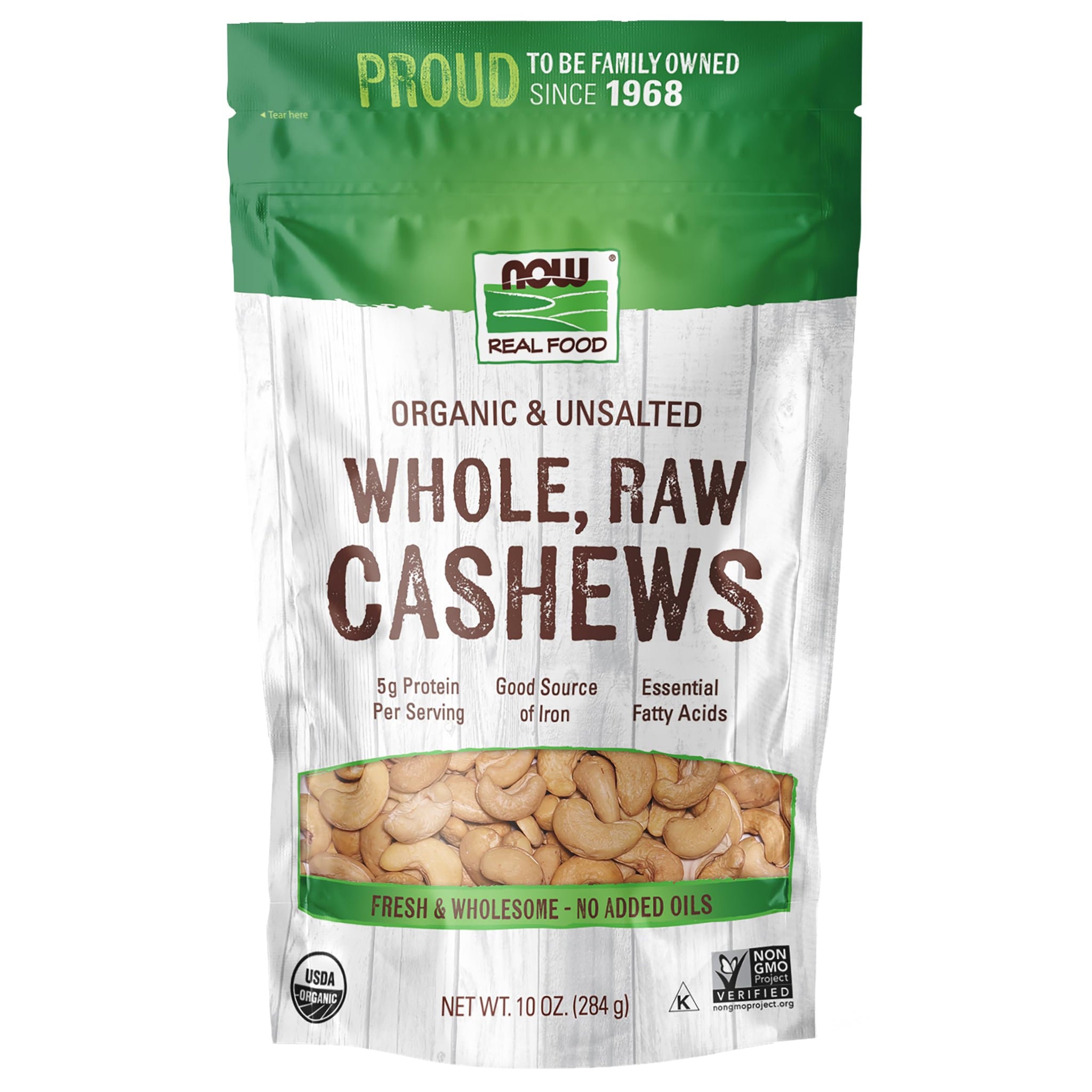 NOW Foods, Certified Organic Cashews, Whole, Raw and Unsalted, Rich Buttery Flavor, Source of Fiber, Protein and Iron, Certified Non-GMO, 10-Ounce
