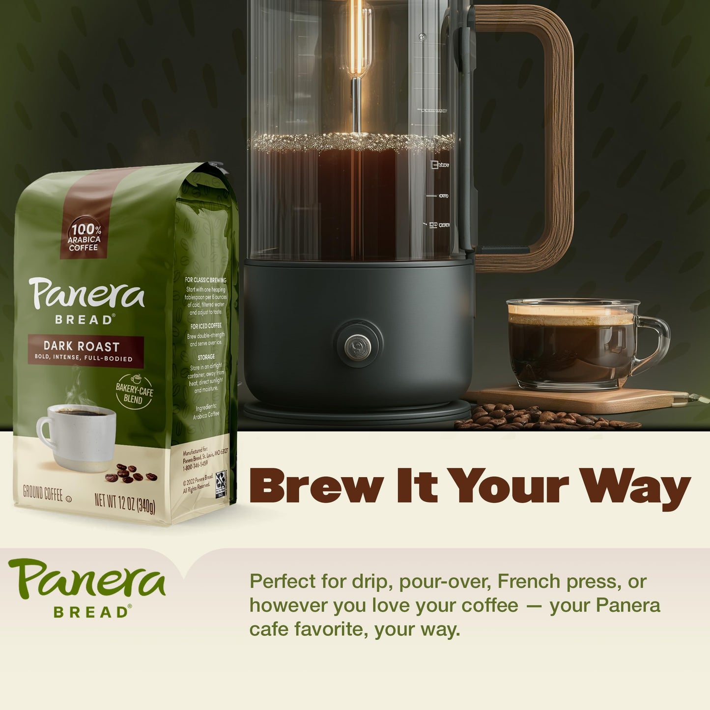 Panera Dark Roast Ground Coffee, - Bold Breakfast Brew with Dark Chocolate Finish - 100% Arabica Beans, Sustainably Sourced - Kosher, Dairy-Free