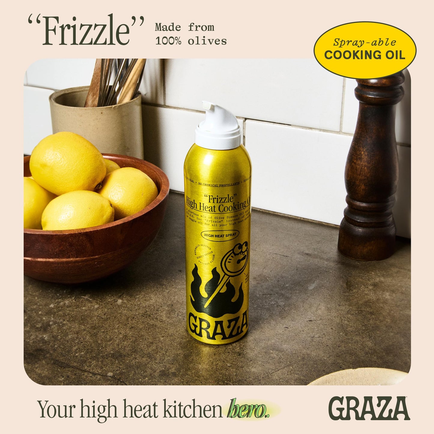 Graza Frizzle High Heat Cooking Oil Spray - Cooking Oil with a High Smoke Point & Neutral Flavor in a Spray Bottle for Frying, Baking & Grilling - Oil Made from 100% Olives - 5 oz (148ml)