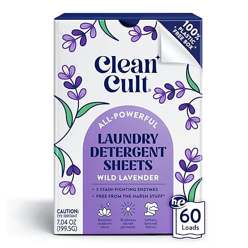 Cleancult Laundry Detergent Sheets - Resealable Box - 3 Stain Fighting Enzymes - Wild Lavender - 60 Loads - Free of Harsh Chemicals - No Mess - No