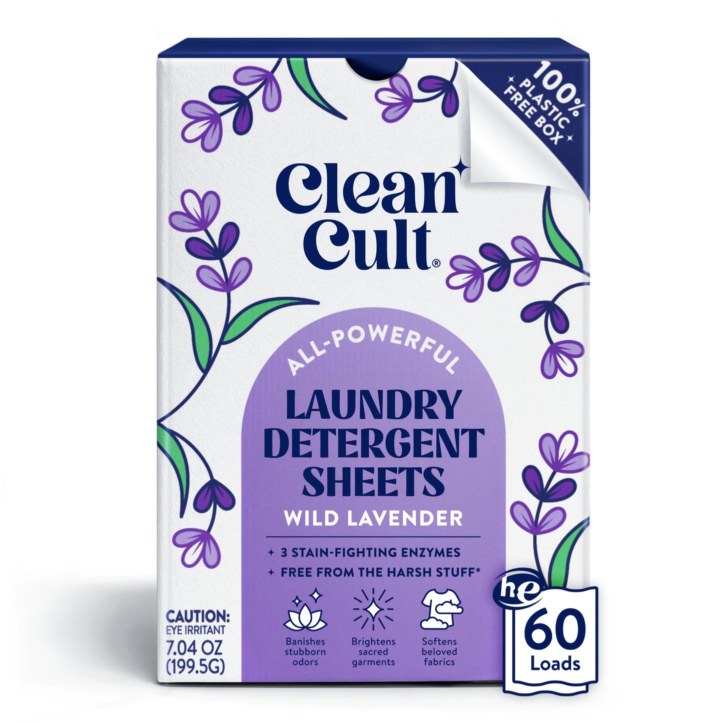 Cleancult Laundry Detergent Sheets - Resealable Box - 3 Stain Fighting Enzymes - Wild Lavender - 60 Loads - Free of Harsh Chemicals - No Mess - No