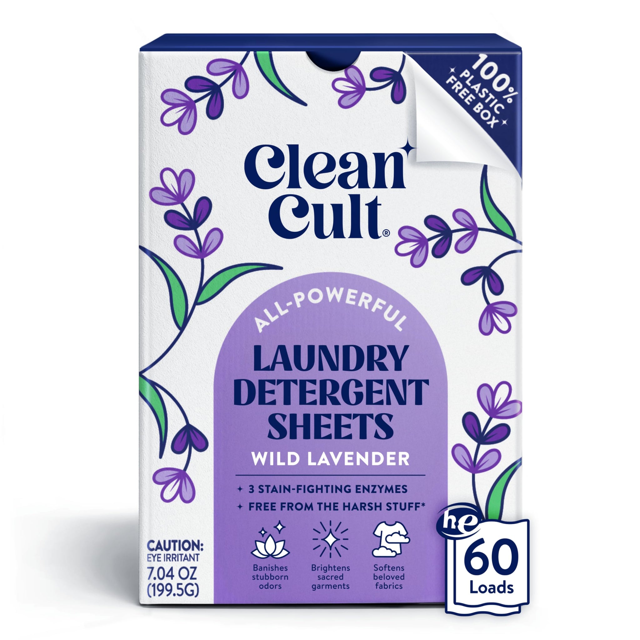 Cleancult Laundry Detergent Sheets - Resealable Box - 3 Stain Fighting Enzymes - Wild Lavender - 60 Loads - Free of Harsh Chemicals - No Mess - No