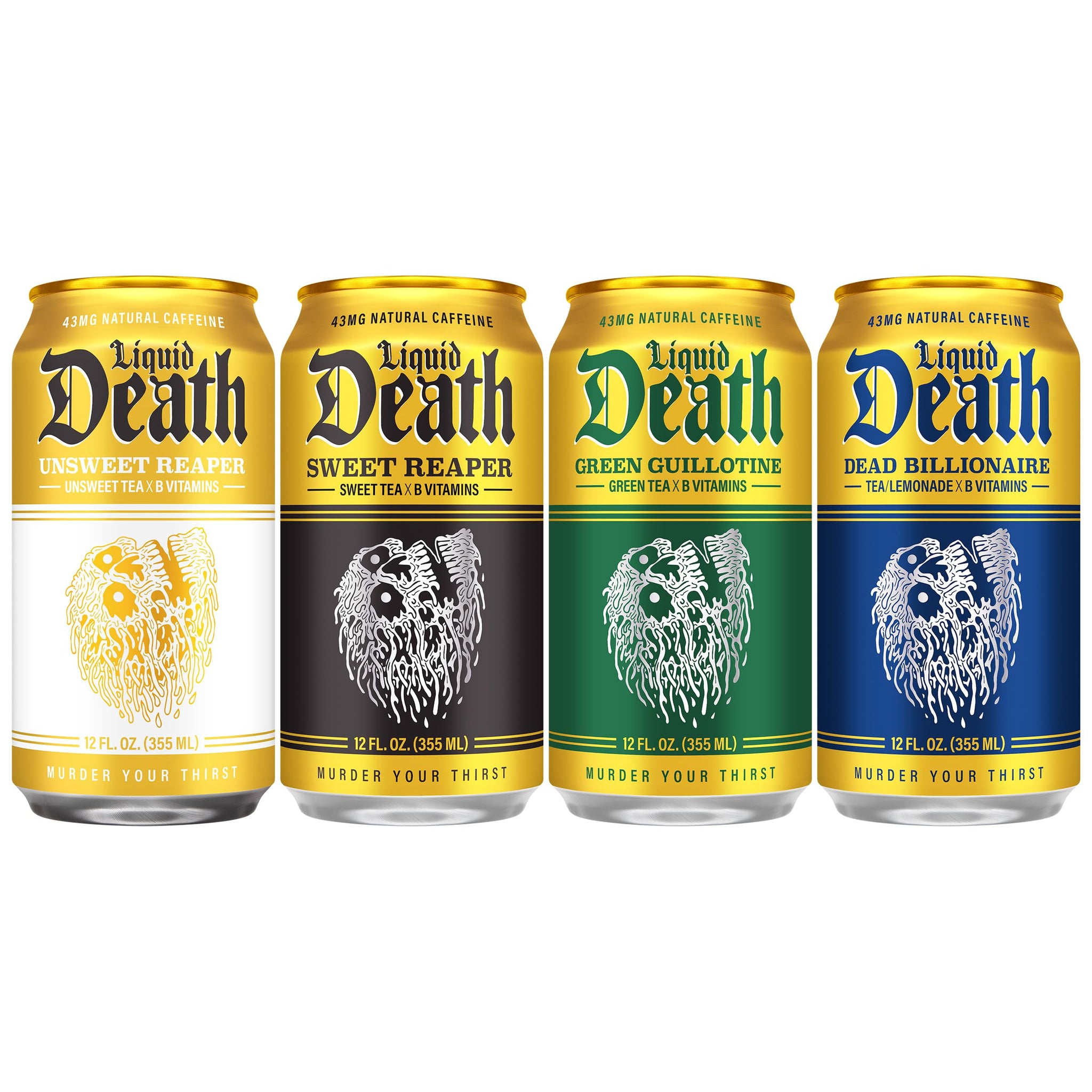 Liquid Death Iced Tea - Classic Variety, Less Sugar*, Boost of Caffeine, B Vitamins, No Artificial Sweeteners, 4 Flavors: Tea/Lemonade, Unsweet